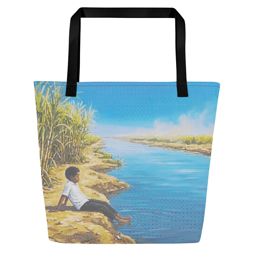 Large black-handled tote printed edge to edge with a boy sitting on the bank of the White Nile beside sugarcane