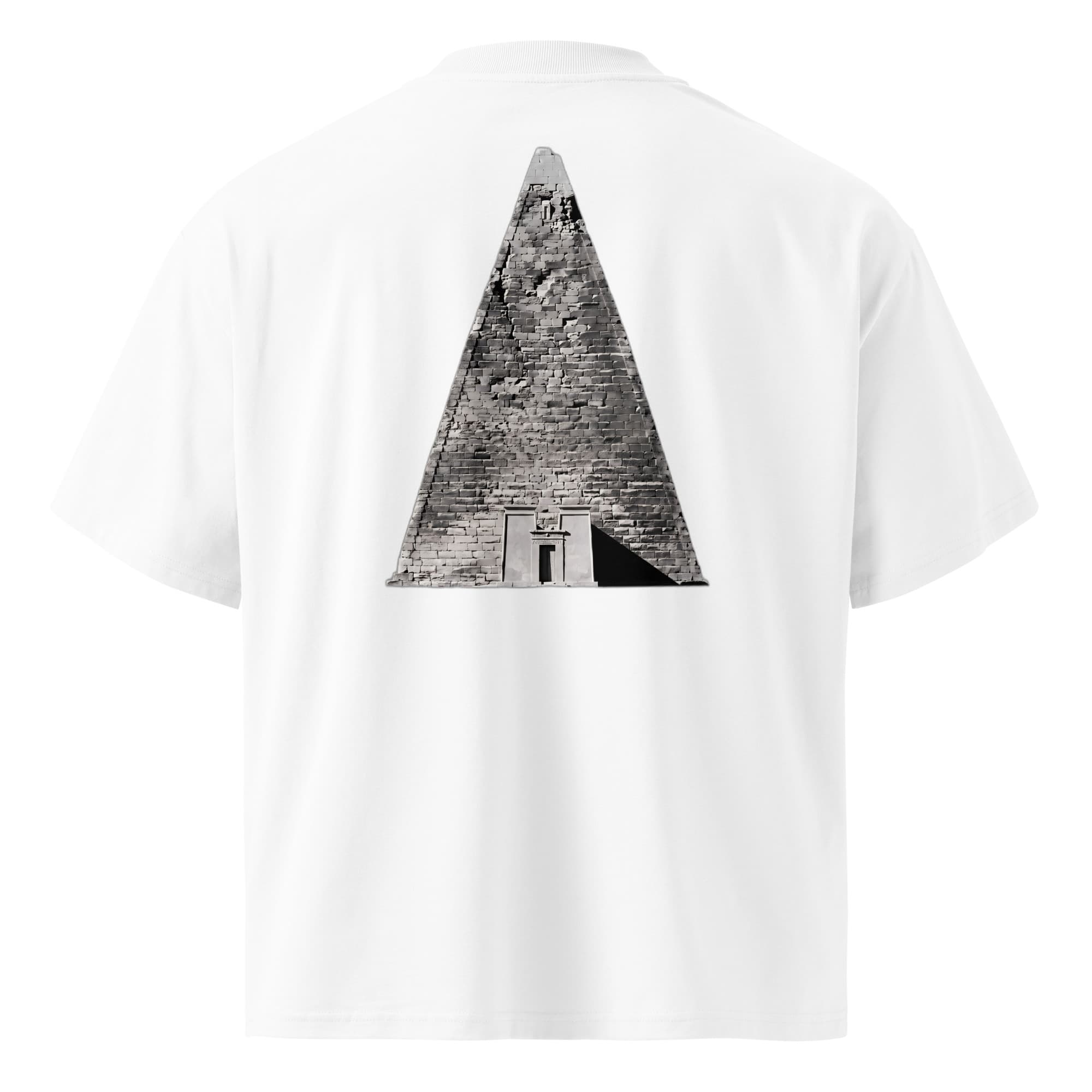 White oversized tee, back print: a steep Nubian pyramid at Meroë in black and white, chapel doorway at its base