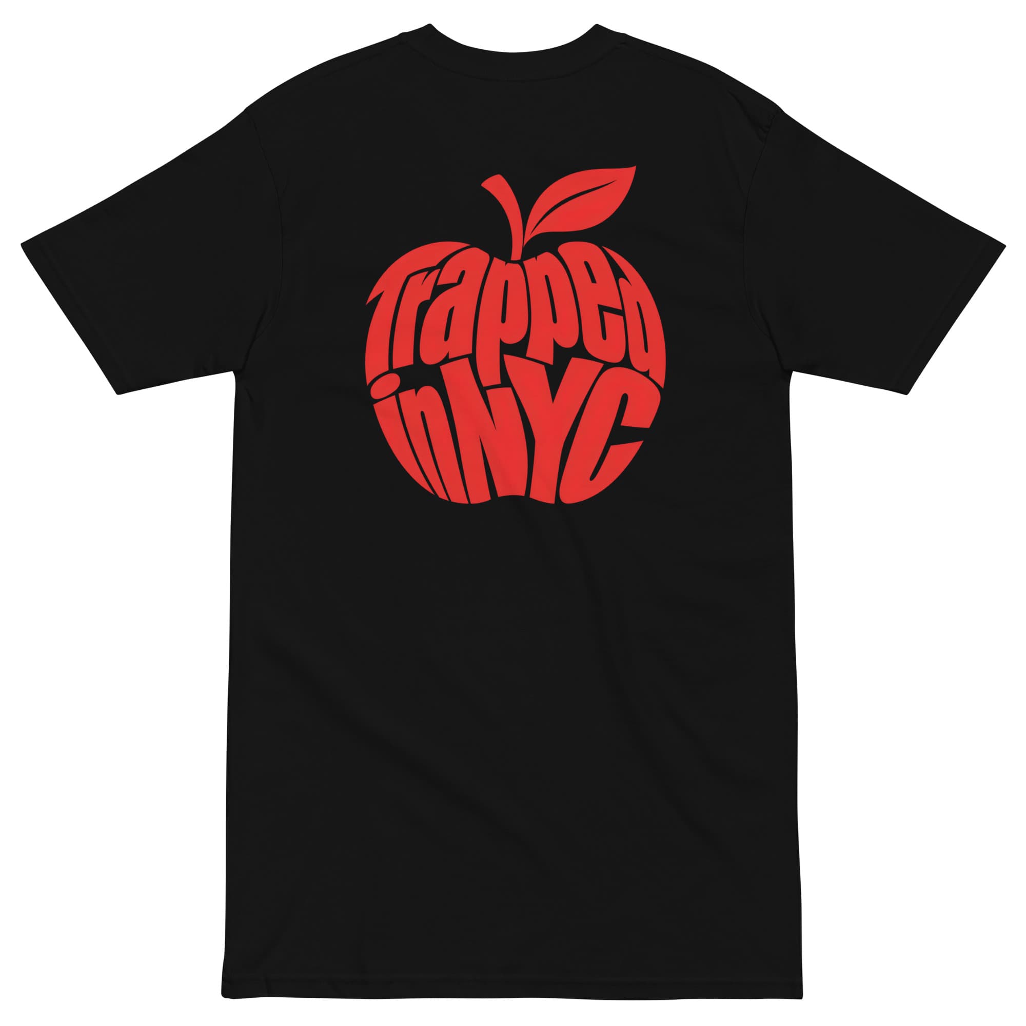 Black heavyweight tee, back print: a red apple formed from the words Trapped in NYC